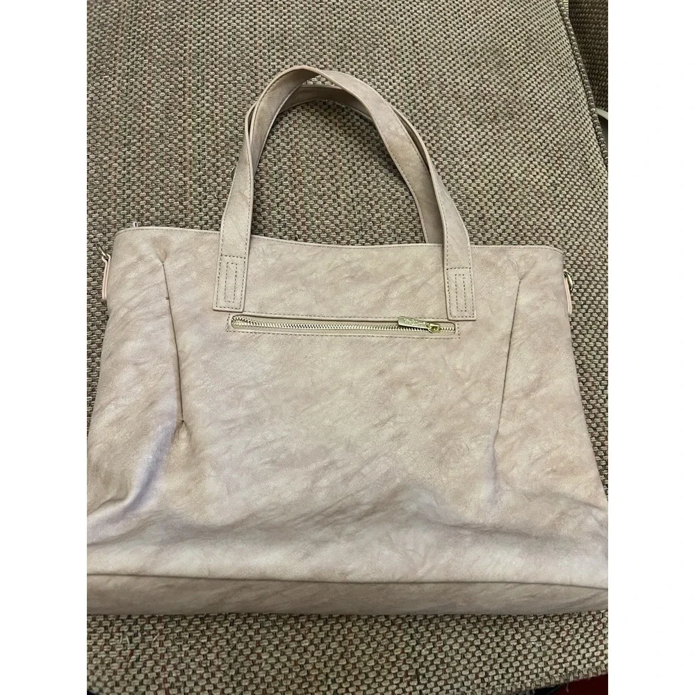 Viv & Lou Audrey Purse Large Vegan Leather Tote Roomy Zippers Neutral Color Tan